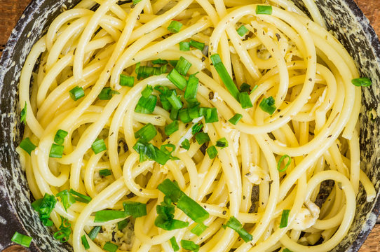 Pasta With Egg And Leek For Backgrounds