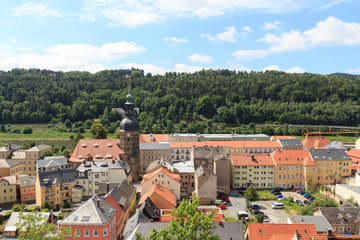 Fototapeta premium Cityscape of Bad Schandau with St. John's Church in Saxon Switzerland
