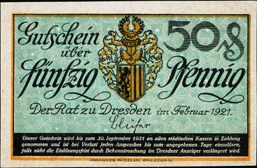 Historische Banknote, Notgeld, Februar 1921, Fünfzig Pfennig, Deutschland