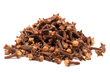 Pile of Organic black clove (Syzygium aromaticum) isolated on white background