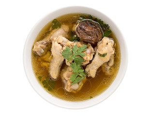 Traditional chicken broth on white background