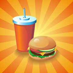 Colorful realistic 3d image with a glass of cola and american hot dog sandwich. Cartoon design element for a fast food restaurant and menu card. Modern poster template.