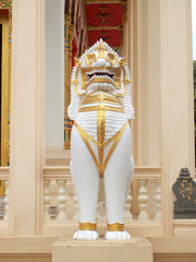 Bangkok, Thailand - July 13,2014 :The over 150 years ancient marble lion standing at front of main...