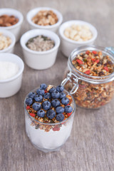 Coconut yogurt topped with grain free  granola made with mixed nuts, seeds, raisins, with blueberries on the top, selective focus