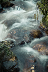 Ein Bach fliesst durch die winterliche Natur. Am Rand entstehen Eiszapfen.
