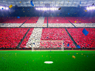 Flag Denmark of fans. Evening stadium arena Blue