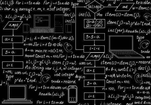 Programming technical seamless pattern with programming code, program flow diagrams, formulas, technical devices and schemes. Endless computer texture. You can use any color of background