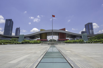 Fototapeta na wymiar a landmark located in the square of Shenzhen with red and canary