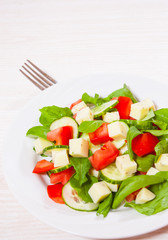 Fresh salad with tomatoes, arugula, cucumber and cheese cubes