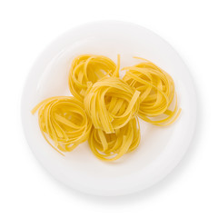 Plate of pasta seen from above isolated on white