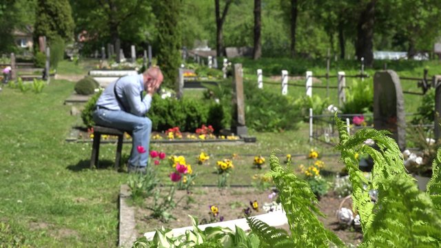 Sorrow widower man sit shrink on bench near mother wife tomb in graveyard. Focus on fern plant leaves. Static blur shot. 4K
