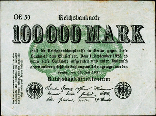Historische Banknote, 25. Juli 1923, 100.000 Mark, Hunderttausend Mark, Deutschland