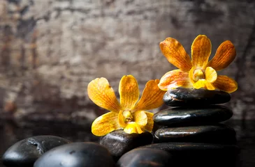 Fotobehang kuuroordconcept zen stenen en orchidee, houten achtergrond © showcake