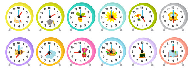 12 colorful clocks showing every hour of the day