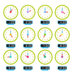 A picture of 12 clocks showing every hour