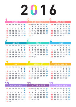 A colorful calendar of 2016