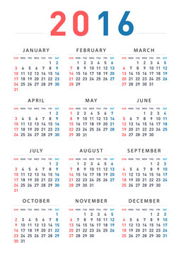 A calendar of 2016