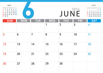 planning calendar simple template June 2016