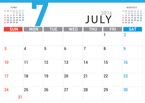 planning calendar simple template July 2016