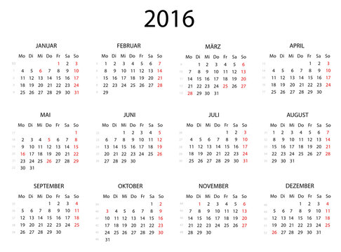 Jahreskalender 2016 schlicht quer