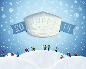 Winter fairytale landscape of New Year holidays with text in the slot and children playing in snow