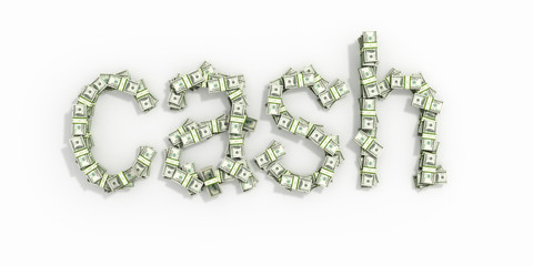 The word 'cash', made out of 100$ bills. Isolated on white backg