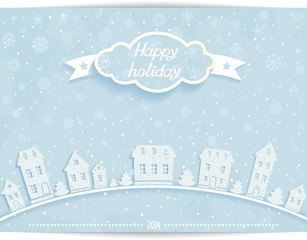 Obraz na płótnie Canvas Abstract Happy holiday card with white paper house and 3D cloud on light winter sky background