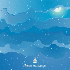 Abstract winter snowy sky with clouds and moon. Inscription Happy New Year and decorated Christmas tree