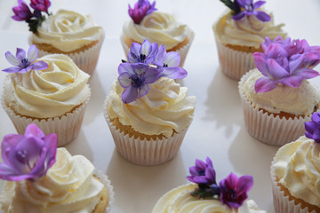 Homemade purple freesia flowers on vanilla cupcakes with whipped