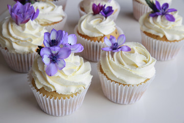 Homemade purple freesia flowers on vanilla cupcakes with whipped