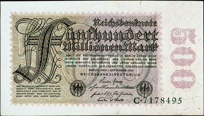 Historische Banknote, 1. September 1923, Fünfhundert Millionen Mark, Deutschland