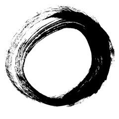 Black brush stroke in the form of a circle. Drawing created in ink sketch handmade technique. Isolated on white background.