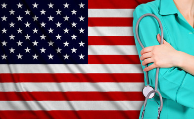 female doctor and usa flag