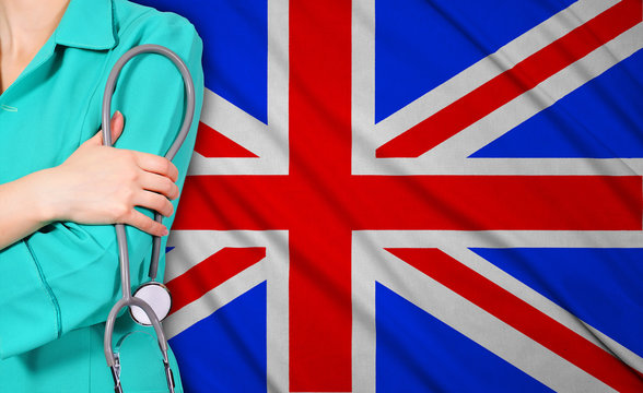 female doctor and  britain flag
