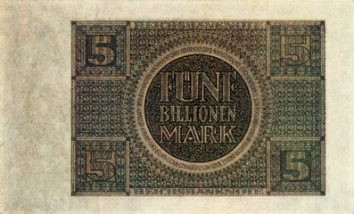 Historische Banknote, 15. Maerz 1924, Fünf Billionen Mark, Deutschland