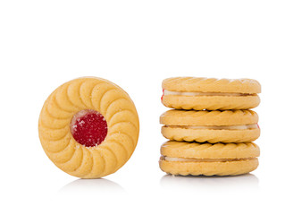 Sandwich biscuits with strawberry on white background