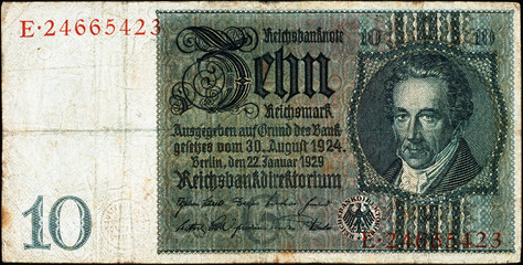 Fototapeta na wymiar Historische Banknote, 22. Januar 1929, Zehn Mark, Deutschland