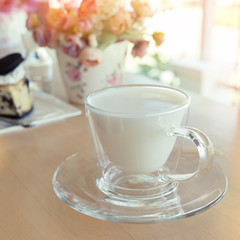 hot drink milk with cake in the morning