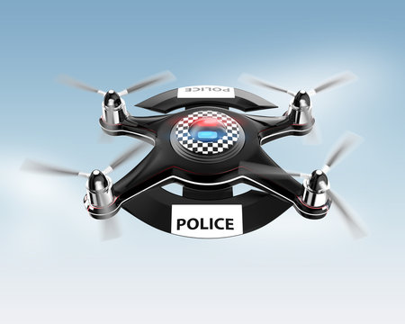 Side view of police drone on blue sky.