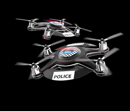 Two police drones on black background. Original design.