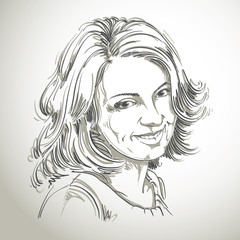 Vector drawing of smiling sincere woman with stylish haircut. Bl