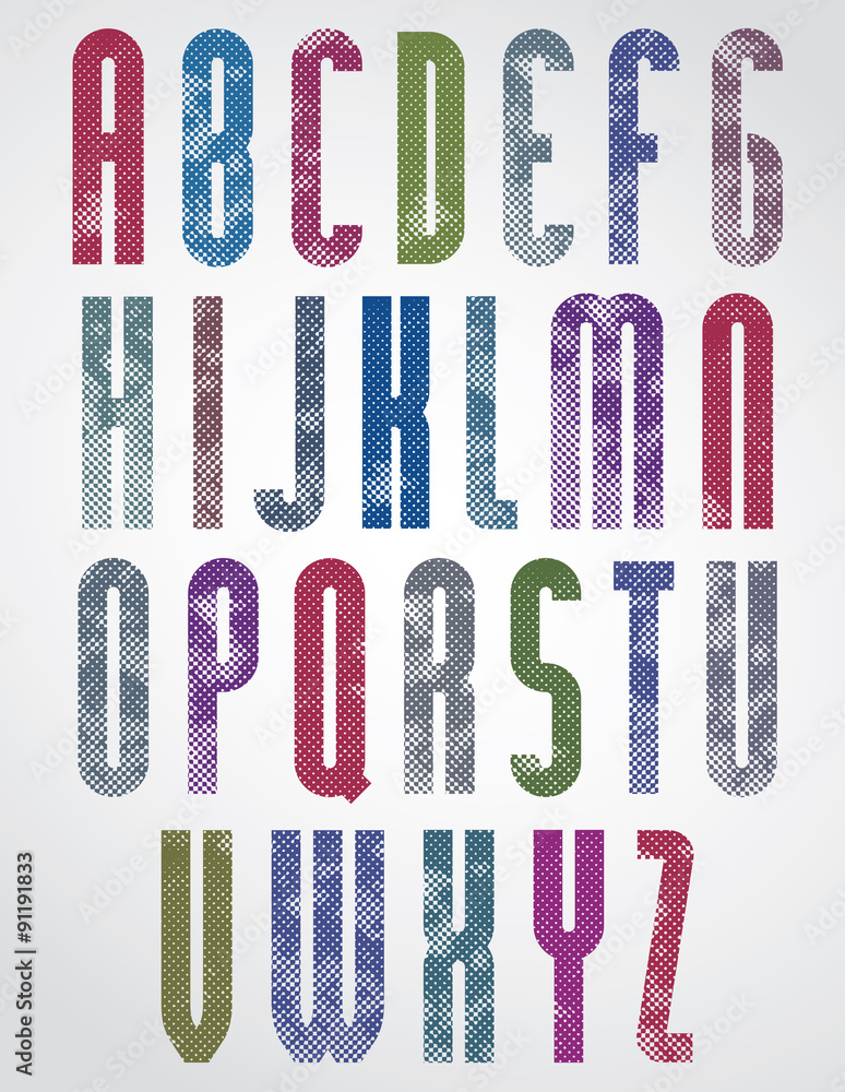 Poster halftone print dots textured tall font with rounded corners.