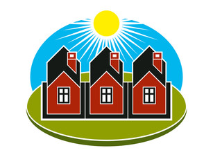 Bright vector illustration of simple country houses on sunrise b