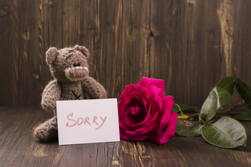 Teddy bear with a beautiful pink rose. Apology concept. Vintage style, selective focus
