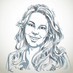 Hand-drawn vector illustration of beautiful smiling woman. Monoc