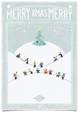 christmas card in retro style with playing kids on landscape