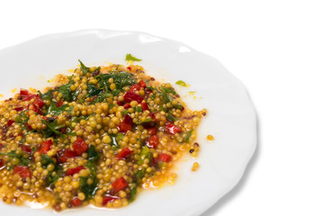 mustard. chili pepper. parsley. sauce for meat. white background