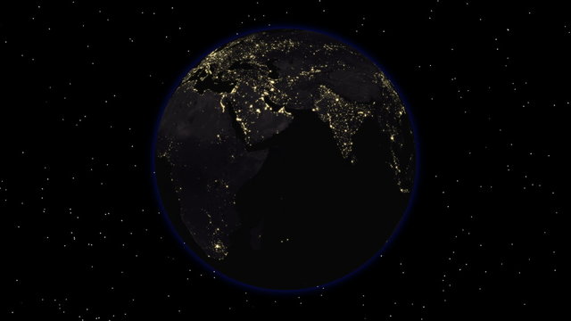 Earth 1003: The dark side of the Earth with city lights visible (Loop).