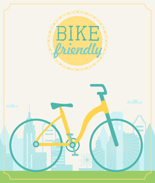 Vintage Style Poster with Touring Recreational Bicycle and Cityscape Background. Bike Friendly City Sign