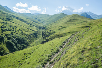 Fototapeta na wymiar Aerial view in Greater Caucasus Mountains with Mount Kazbek, Georgia